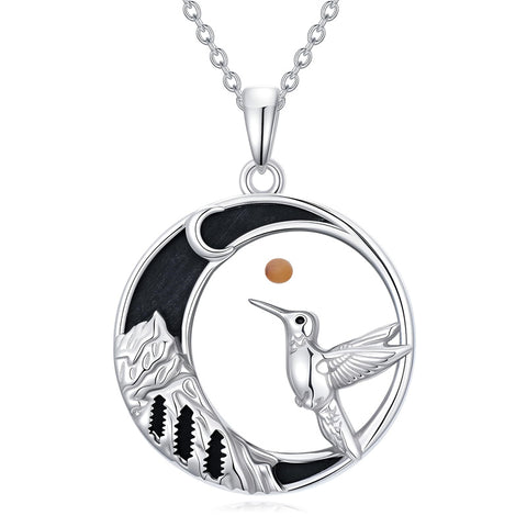 Sterling Silver Mustard Seed Black Cat Hummingbird Cross and Mountain Mountain Turquoise Sun and Moon Pendant Necklace