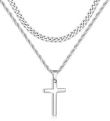 Sterling Silver Layered Cross Necklace for Men with Stainless Steel Cuban Link Rope Chain