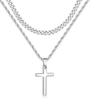 Sterling Silver Layered Cross Necklace for Men with Stainless Steel Cuban Link Rope Chain