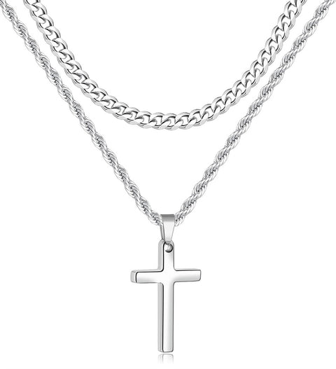 Sterling Silver Layered Cross Necklace for Men with Stainless Steel Cuban Link Rope Chain
