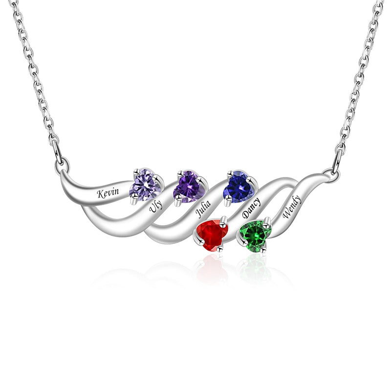 Sterling Silver Personalized Birthstone Name Wave Pendant Family Necklace