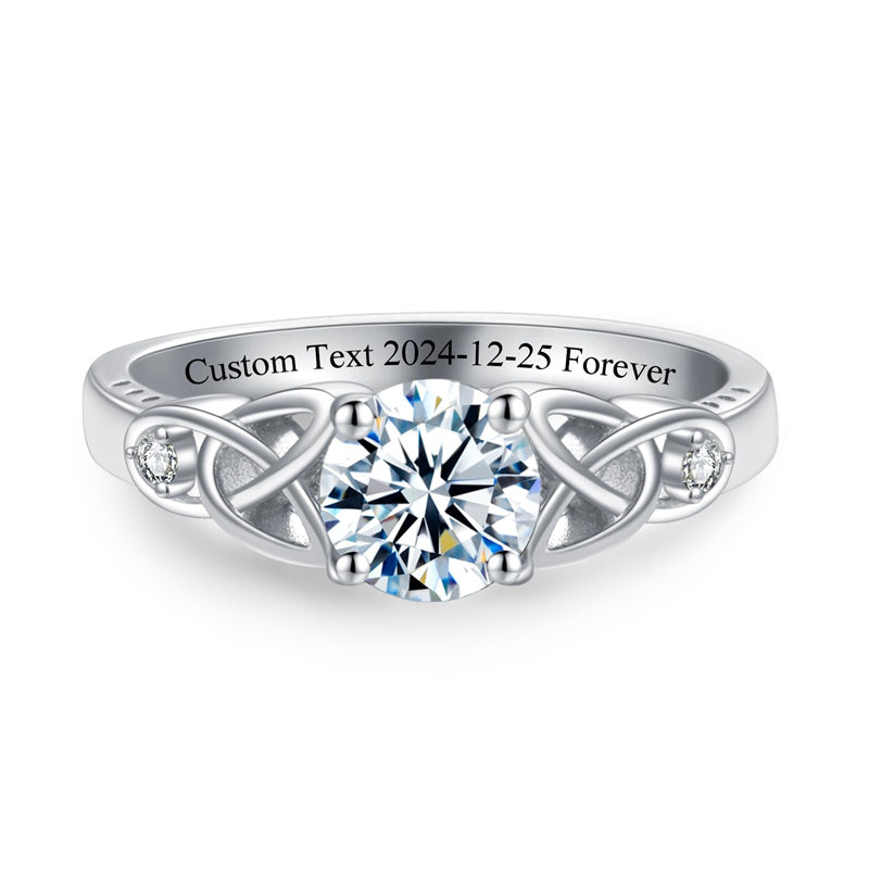 Sterling Silver 10K 14K 18K Gold  Personalized Engraved Moissanite Celtic Knot Wedding Engagement Ring