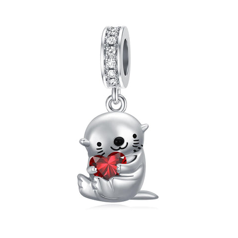 Sterling Silver Birthstone Otter Bead Charm for  Otter Lovers