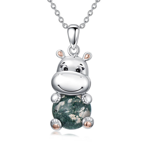 Sterling Silver Moss Agate Hippo Koala Elephant Teddy Bear Pendant Necklace