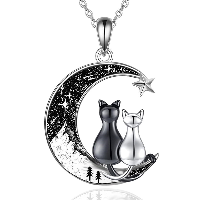 Crescent Moon 2 Cat Bat Black Cat Bunny Fox Highland Cow Horse Pendant Necklace Mother's Day Gift