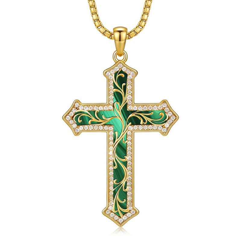 14K Gold Plated Turquoise  Abalone Shell Malachite Wood Filigree Cross Pendant Necklace