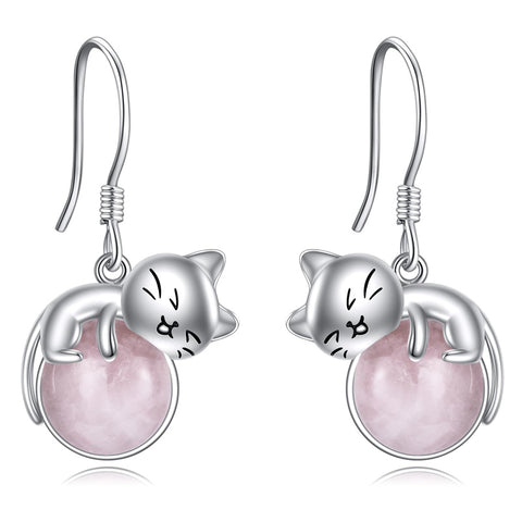 Birthstone Cat Earrings Jewelry for Women 925 Sterling Silver Rose Quartz Dangle Earrings for Girls