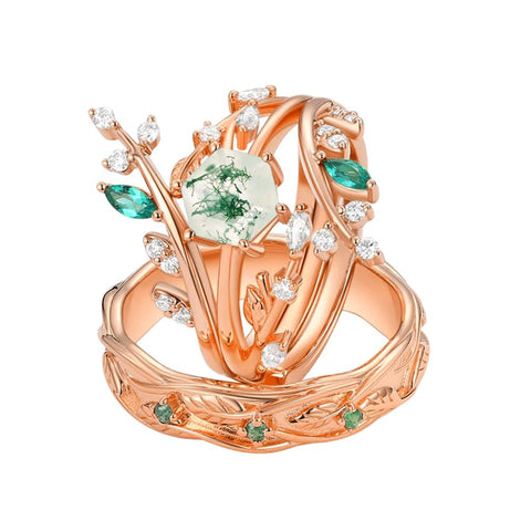 Sterling Silver10K 14K 18K Gold Natural Moss Agate Branch Leafy Engagement Ring Set For Couples