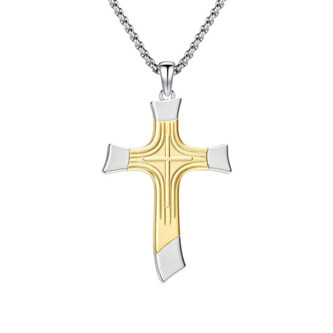 14K Gold Plated Two Tone Cross Pendant Necklace Christian Jewelry Religious Gift