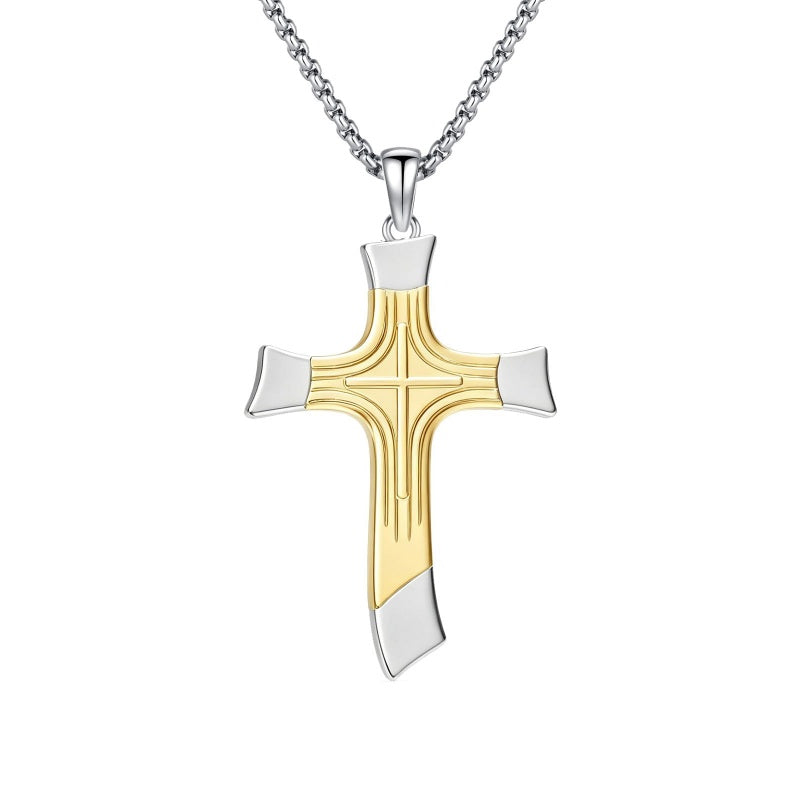 14K Gold Plated Two Tone Cross Pendant Necklace Christian Jewelry Religious Gift