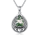 Sterling Silver Moss Agate Celtic Knot Rose Claddagh Filigree Pendant Necklace