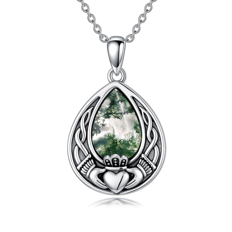 Sterling Silver Moss Agate Celtic Knot Rose Claddagh Filigree Pendant Necklace