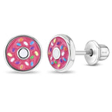 925 Sterling Silver Fun Enamel Donut Earrings with Tiny Colorful Sprinkles for Little Girls -Colorful Screw Back Earrings