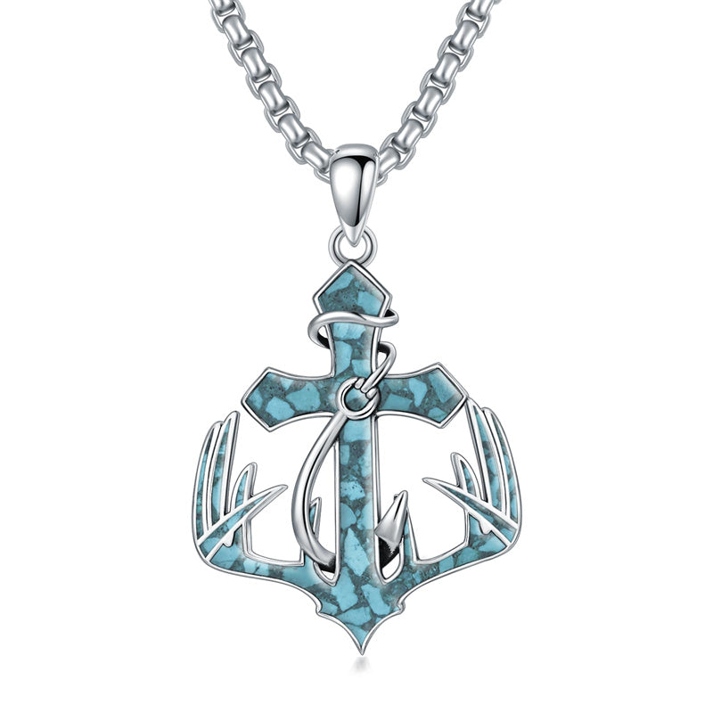 Sterling Silver Cross Deer Antler Fish Hook Pendant Necklace for Men, Cross Deer Turquoise