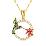 14K Real Gold Hummingbird Necklace for Women Animal Necklaces Small Circle Necklace with Flower for Birthday Mother's Day