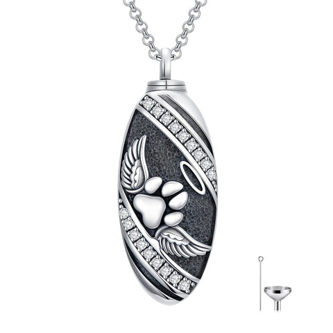 Sterling Silver Oval Paw Prints Dog FootPrints  Heart Rabbit Urn Necklace for Ashes Keepsake Jewelry for Women