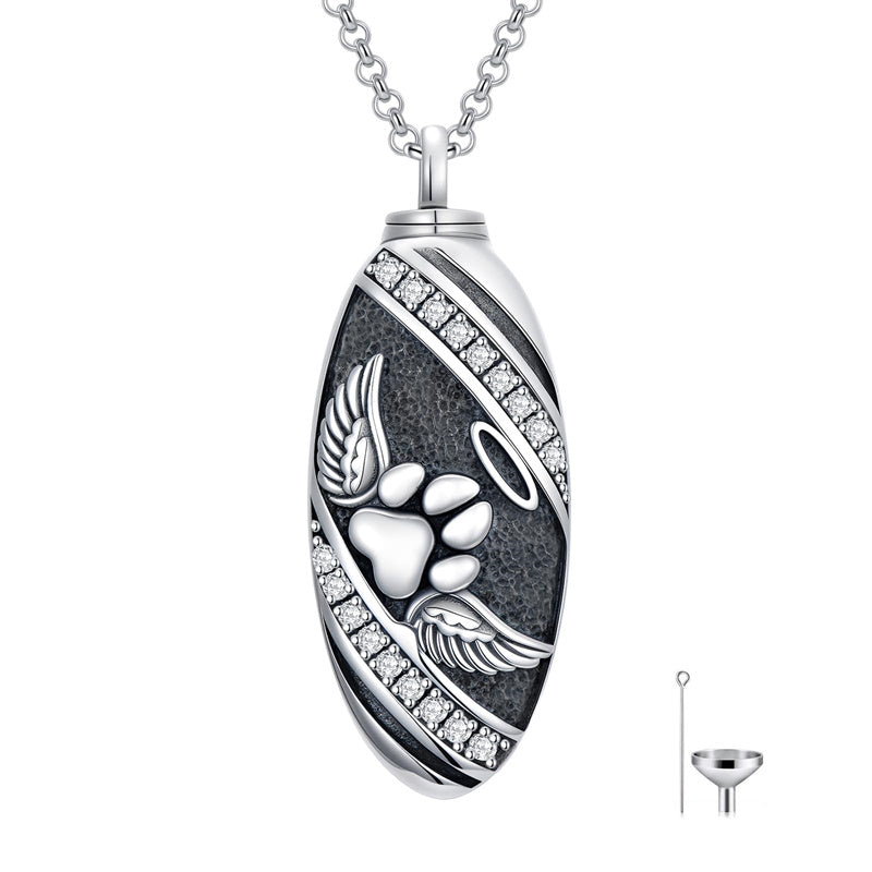 Sterling Silver Oval Paw Prints Dog FootPrints  Heart Rabbit Urn Necklace for Ashes Keepsake Jewelry for Women