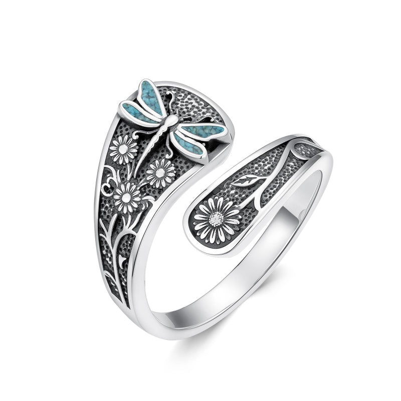 Sterling Silver Turquoise Hummingbird Butterfly Sunflower Adjustable Spoon Ring