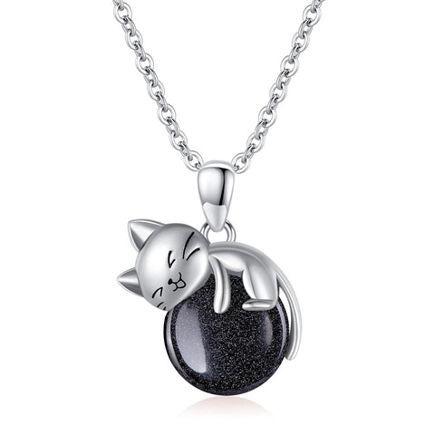 Sterling Silver Turquoise Larimar Labradorite Moss Agate Blue Sandstone  Cat Pendant Necklace