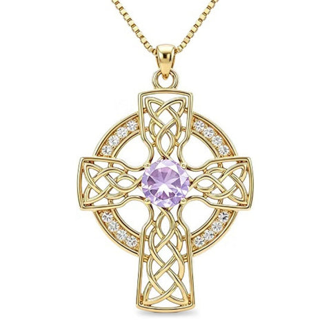 14K Gold Plated Birthstone Celtic Knotwork Cross Necklace for Women