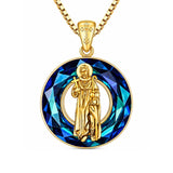 14K Gold Plated Blue Crystal Saint Protection Pendant Necklace Amulet Baptism Gift