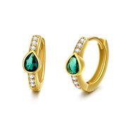 14K Gold Emerald Hoop Earrings, Solid Yellow Gold Pear Created Emerald Green Huggie Hinged Hoops, May Birthstone Earrings for Women Girls Ladies Her
