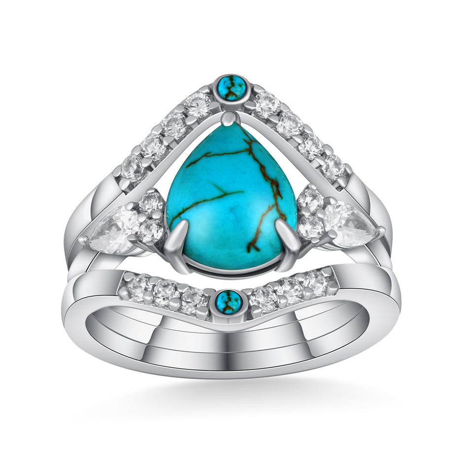 Sterling Silver Genuine Turquoise Engagement Wedding Ring Set for Women