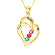 10K 14K 18K Gold Personalized 3 Birthstone Engraved Heart Pendant Necklace