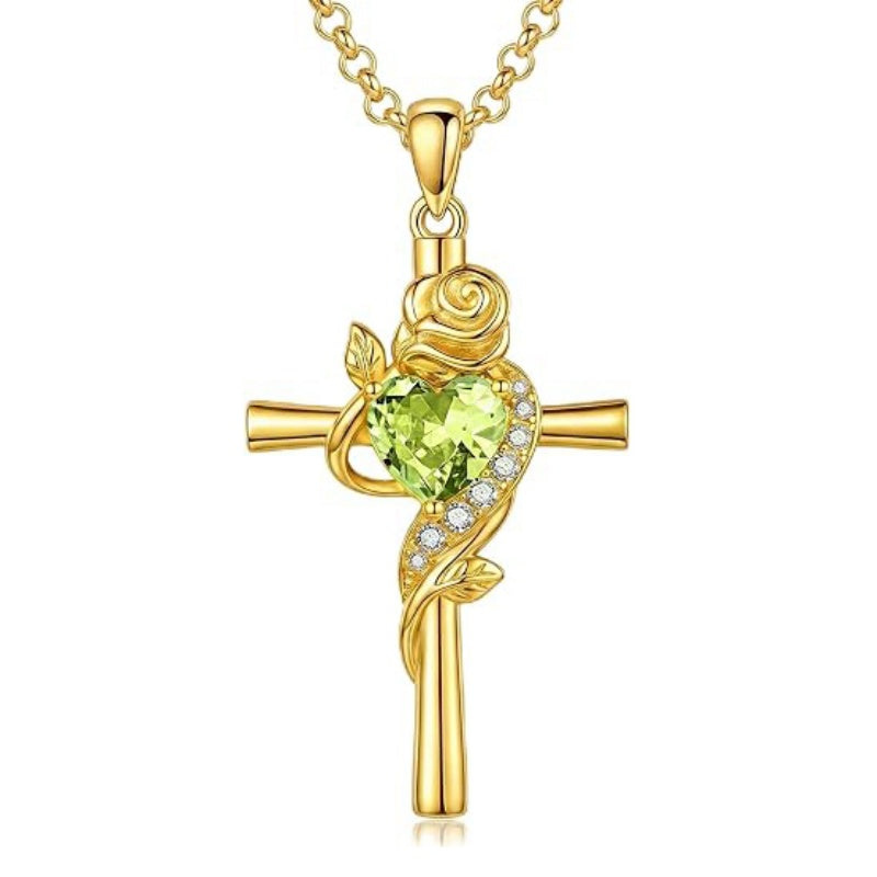 14K Gold Plated Birthstone Rose Cross Necklace for Women Faith Jewelry Gift