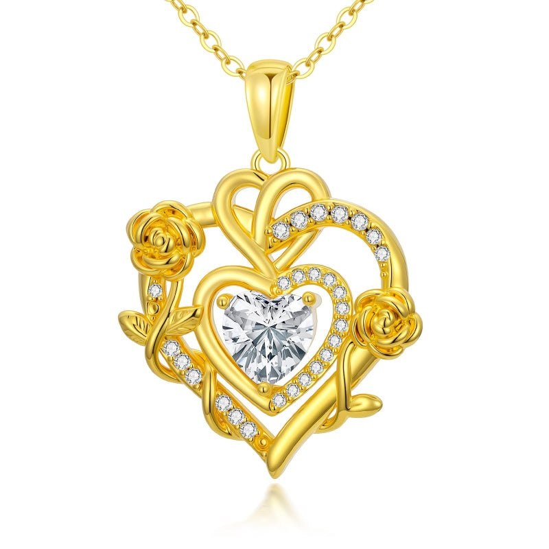 Heart Rose Pendant Necklace for Women  14K Gold Plated Mothers Day  Anniversary Birthday Gift