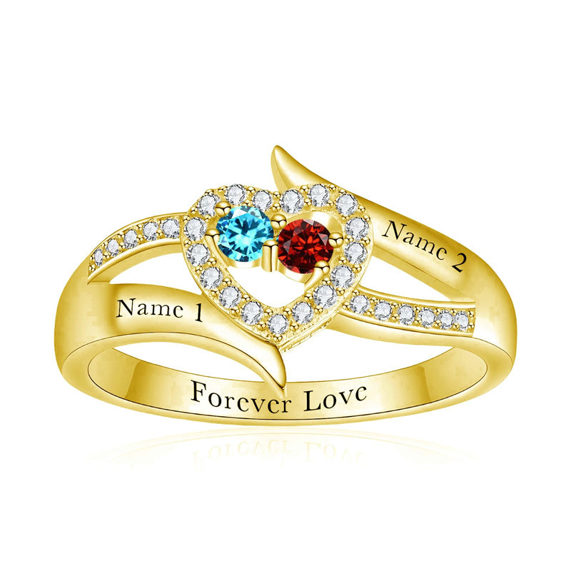 10K 14K 18K Gold Personalized 2 Birthstones Engraved Ring Mother's Day Gift