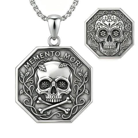 Sterling Silver Memento Mori Gothic Skull Amulet Pendant Necklace for Men