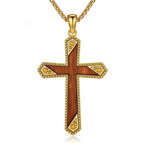 14K Gold Plated Wooden Cross Pendant Necklace Christian Catholic Jewelry Religious Gift