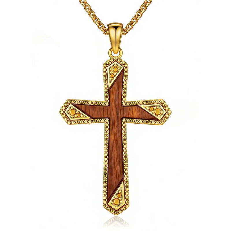 14K Gold Plated Wooden Cross Pendant Necklace Christian Catholic Jewelry Religious Gift