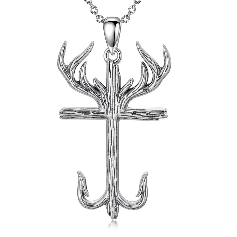 cross with antlers and fish hook Sterling Silver Cross&Deer Antler Fish Hook Pendant Necklace for Men, Silver