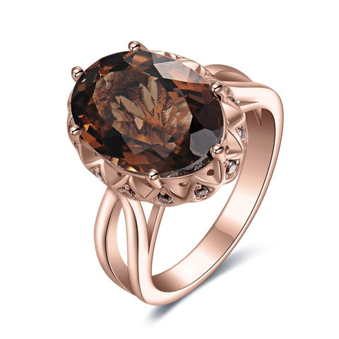 14K Gold Plated  Oval Shape 3.7CT Genuine Smoky Quartz Cocktail Rings for Her