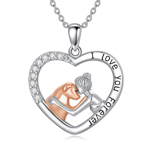 Sterling Silver  Dog and Women Pendant Necklace Engraved with I Love You Forever