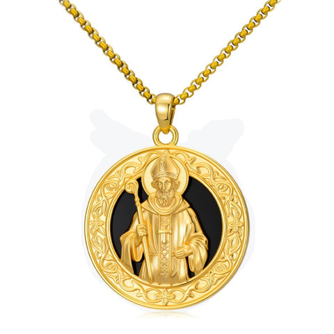 14K Gold Plated Black Onyx Patron Saint Medal Religious Amulet Pendant Necklace for Men