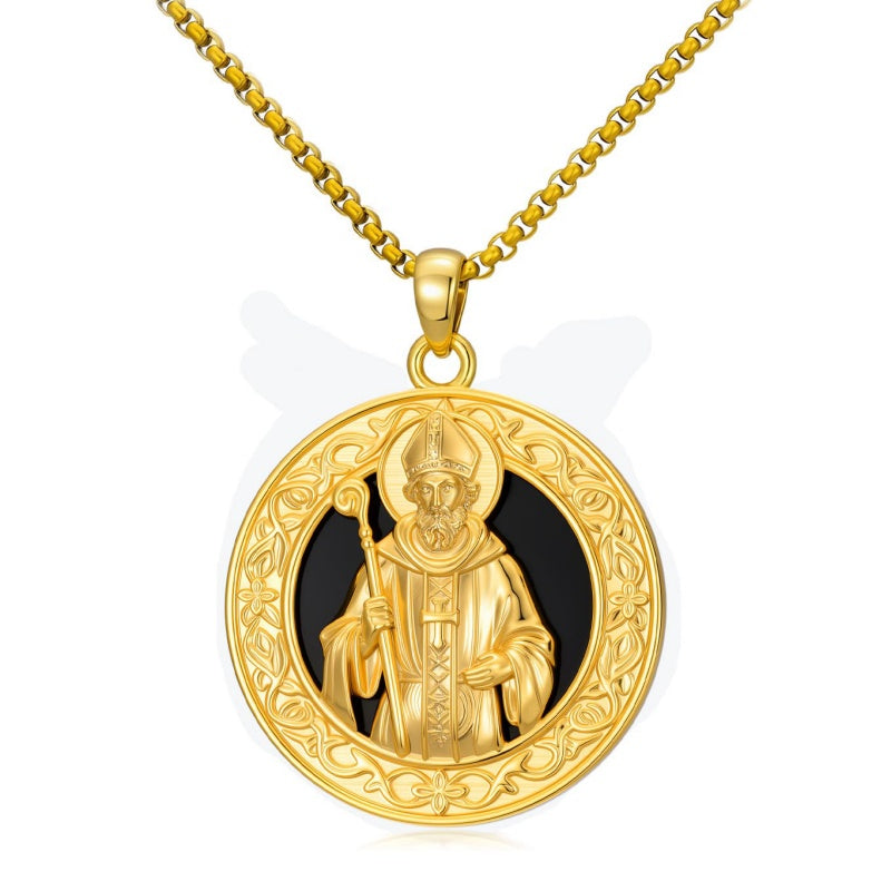 14K Gold Plated Black Onyx Patron Saint Medal Religious Amulet Pendant Necklace for Men