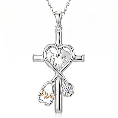 14K Gold Plated  Birthstone Stethoscope Cross Necklace Graduation Gifts for Women RN