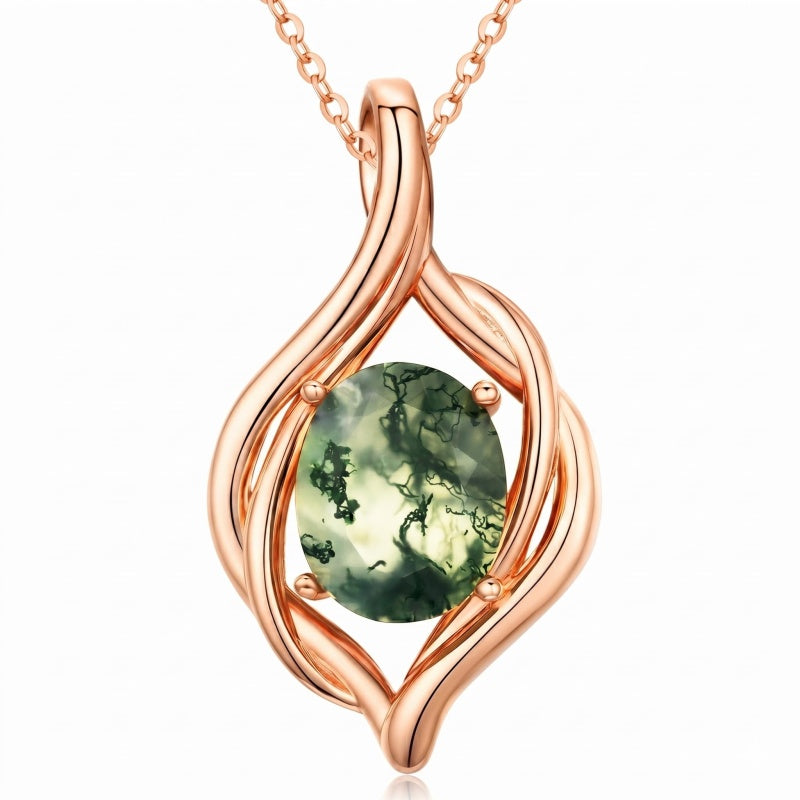 14K Gold Plated Moss Agate Pendant Necklace Boho Jewelry for Women