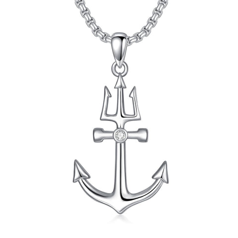 Sterling Silver Earth Swordfish Trident Compass Anchor Pendant Necklace
