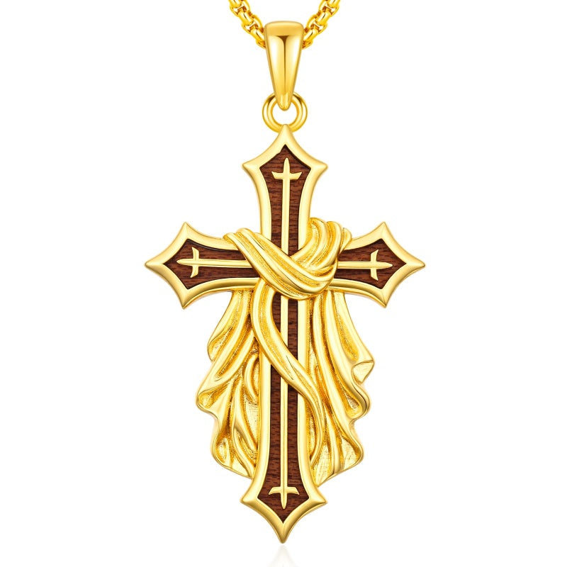 14K Gold Plated Wooden Cross Pendant Necklace Christian Catholic Jewelry Religious Gift