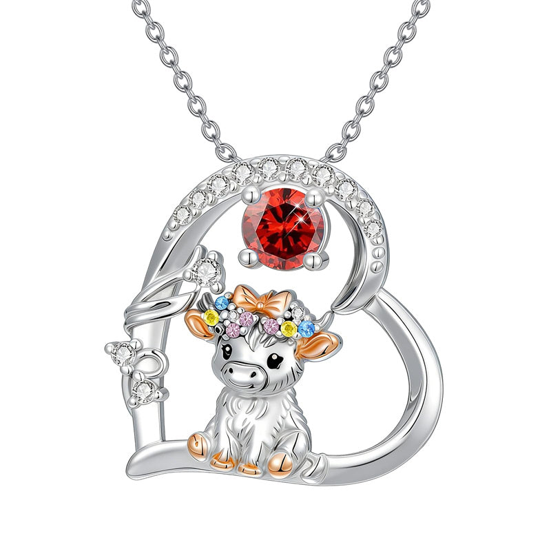 Sterling Silver Round Heart Birthstone Highland Cow Pendant Necklace Fluffy Cow Jewelry Gifts Birthday Christmas
