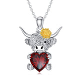 14K Gold Heart Birthstone Highland Cow Pendant Necklace