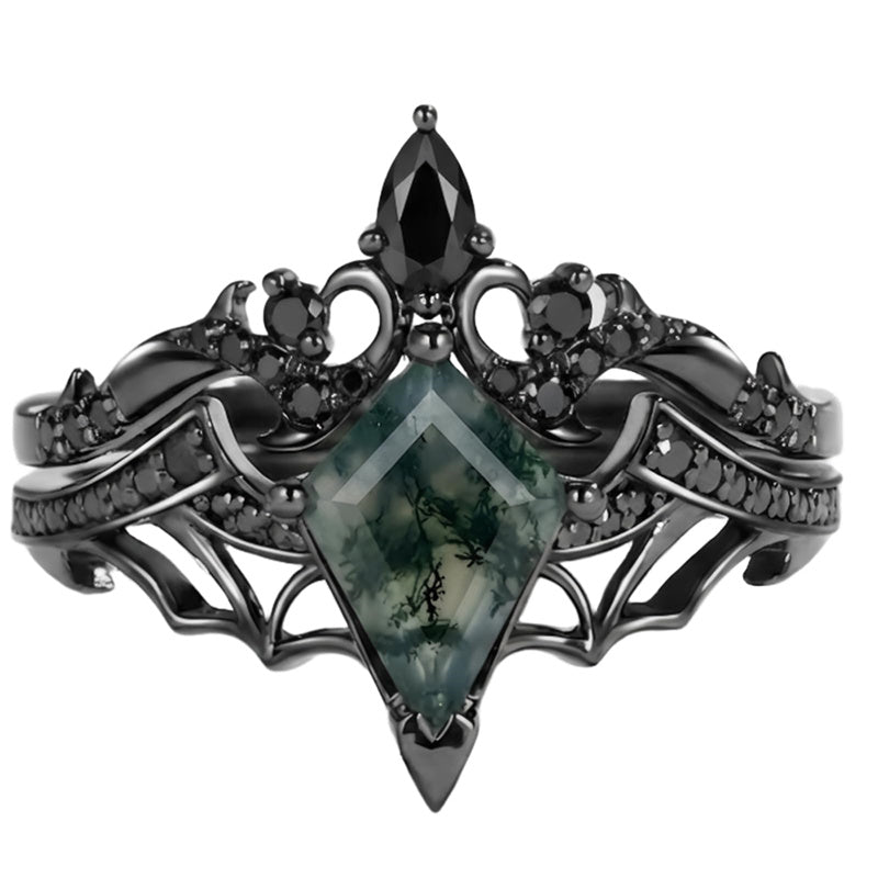 Sterling Silver 10K 14K  18K Gold Personalized Engraved Moss Agate Gothic Promise Wedding Engagement Black Ring Set