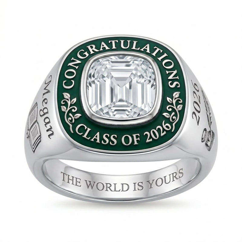 Sterling Silver Personalized  Square Birthstone Engraved Class Ring