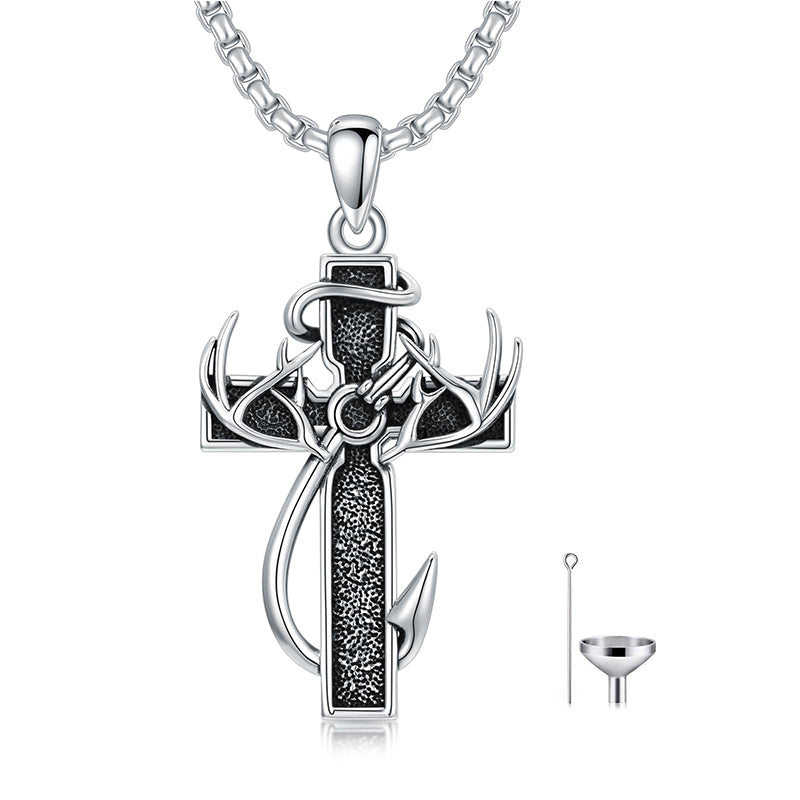 Sterling Silver Deer Antler Fish Hook & Cross Urn Necklace for Ashes, Cross / Silver / Personalized-Horizontal version
