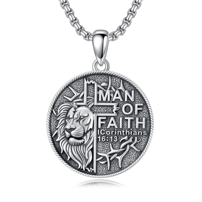Sterling Silver Faith Bible Lion Pendant Necklace for Men