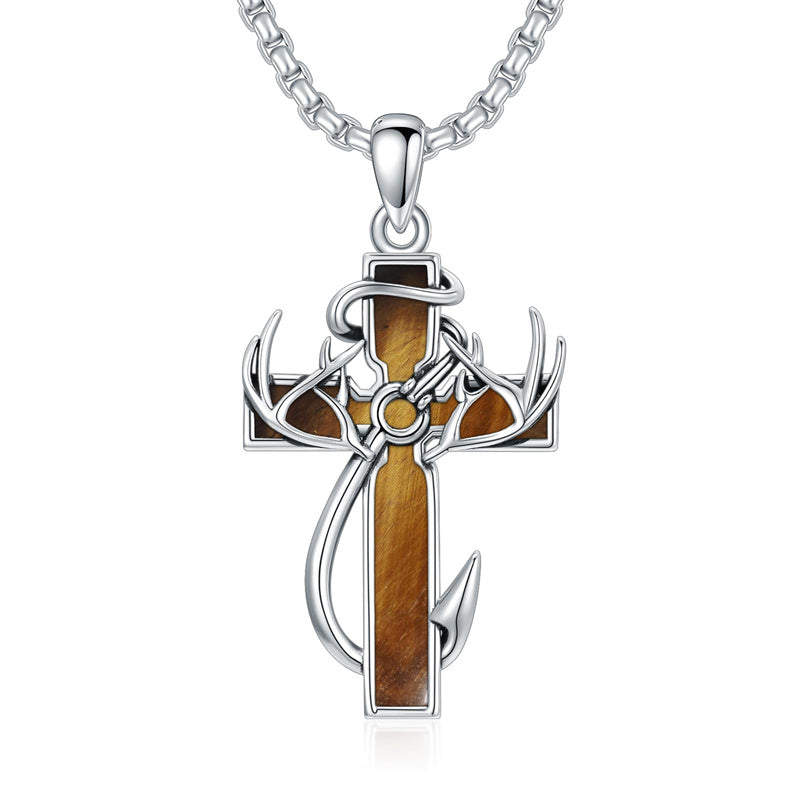 Sterling Silver Fish Hook Cross Pendant Necklace for Men, A-Wooden